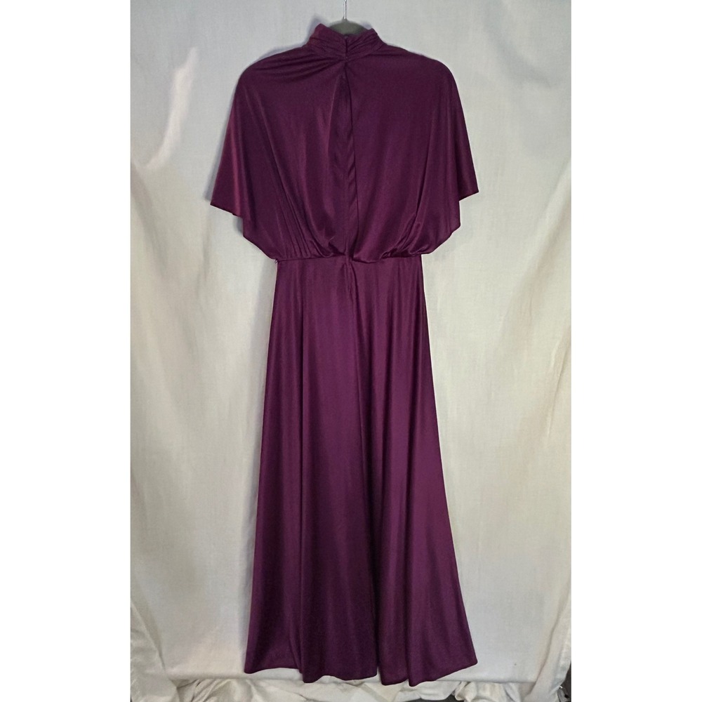 Vintage Plum Purple Satin Mock Neck Maxi Dress Open Back Flutter Sleeve Gown